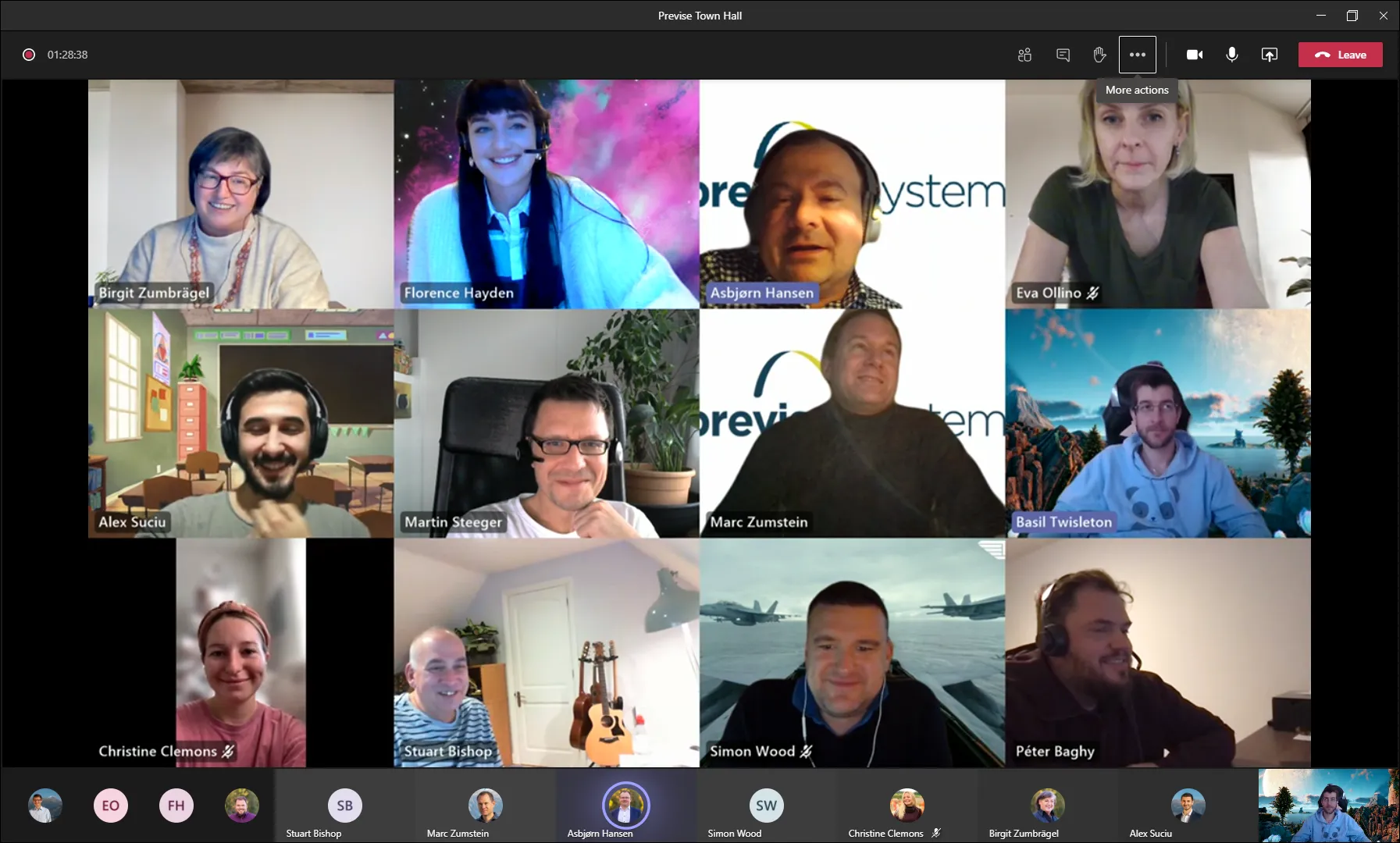 A virtual team meeting with 15 participants, each in their own video frame, smiling and engaged in a video call interface.