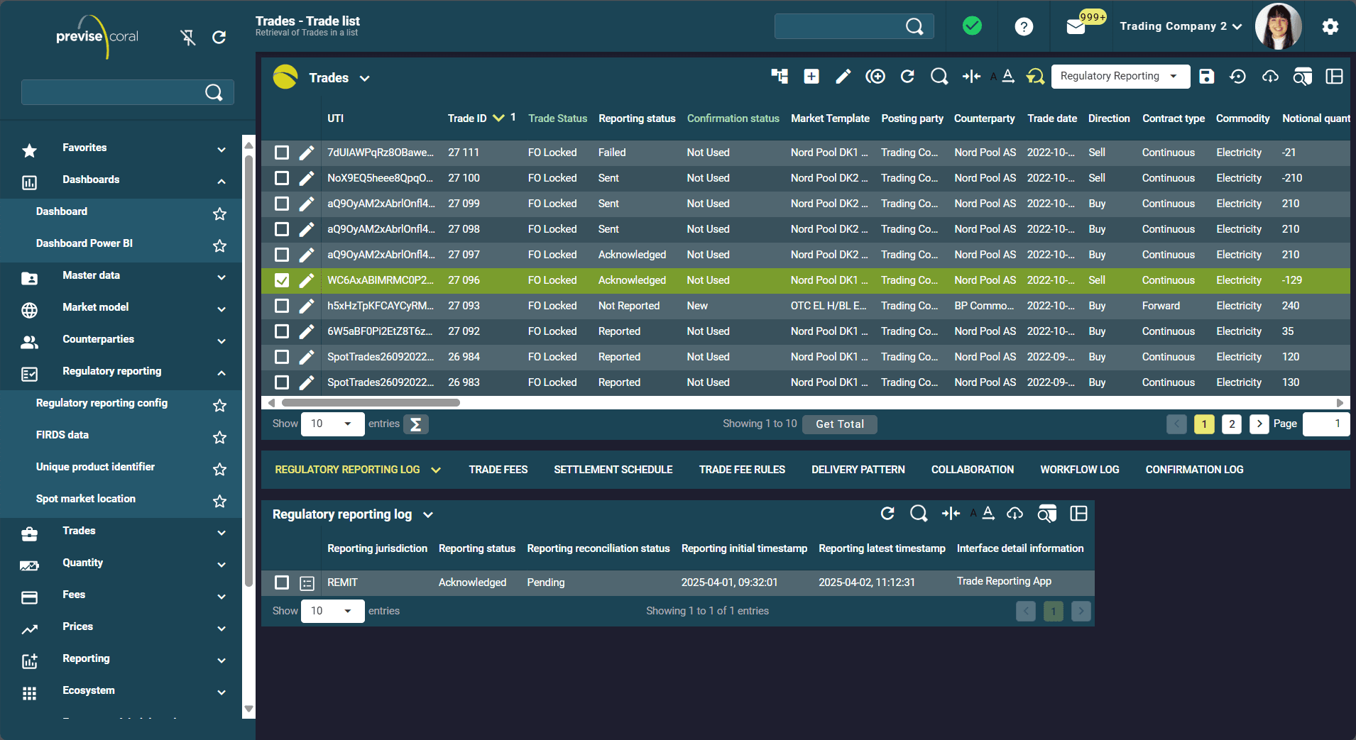 Coral screen displaying a trade list interface with various columns, checkboxes, and a regulatory reporting log at the bottom.